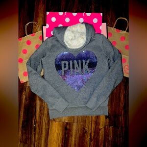 VS PINK SIZE XS RARE HTF OMBRÉ BLING HEART LOGO FAUX FUR LINED COAT.